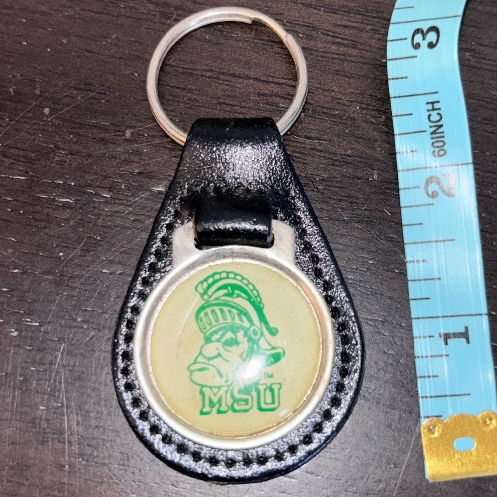 Vintage | MSU Spartans Leather Keychain‎ | Green Mascot Logo Key Ring